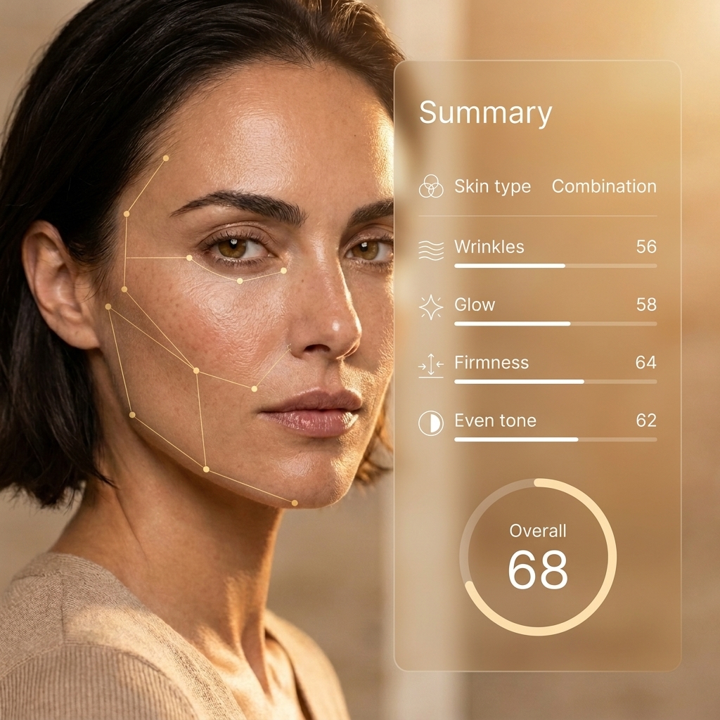 Aurelia summary panel with skin type, wrinkles, glow, firmness, and even tone scores beside a portrait traced with gold measurement landmarks