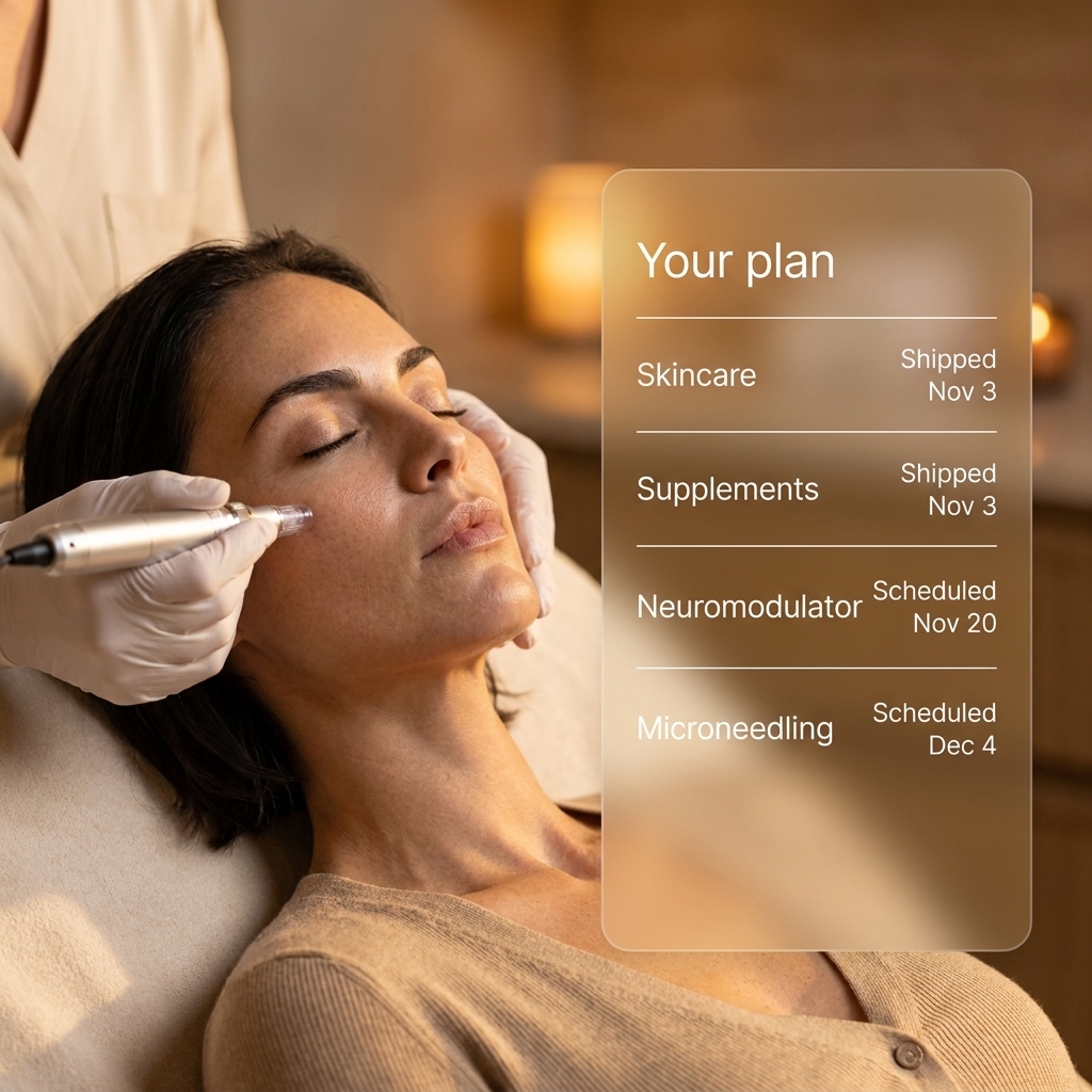 Microneedling treatment in progress beside a plan panel listing skincare, supplements, neuromodulator, and microneedling dates