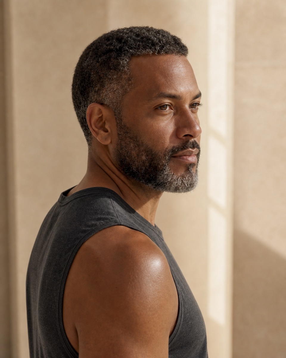Man with short salt-and-pepper curls in warm light