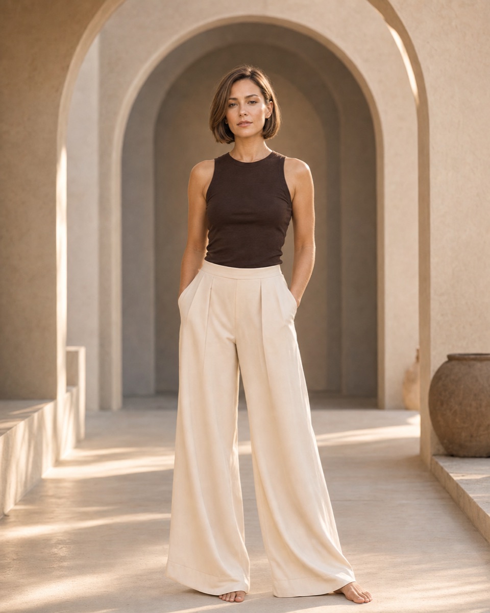 The Aurelia hero-film woman standing beneath warm limestone arches