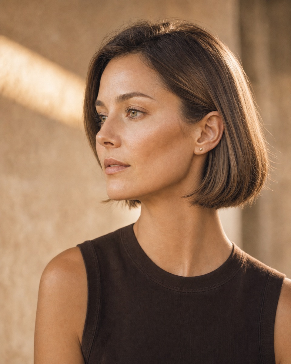 Close crop of the forehead and eye area in warm light